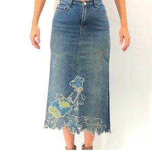 Vintage 90’s High Rise Embroidered Floral Lace Denim Maxi Skirt